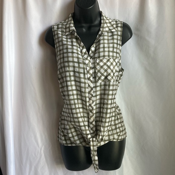 J. Jill Moss Gingham Tie Front Button Down Tank Top Shirt Size Medium - Picture 1 of 10